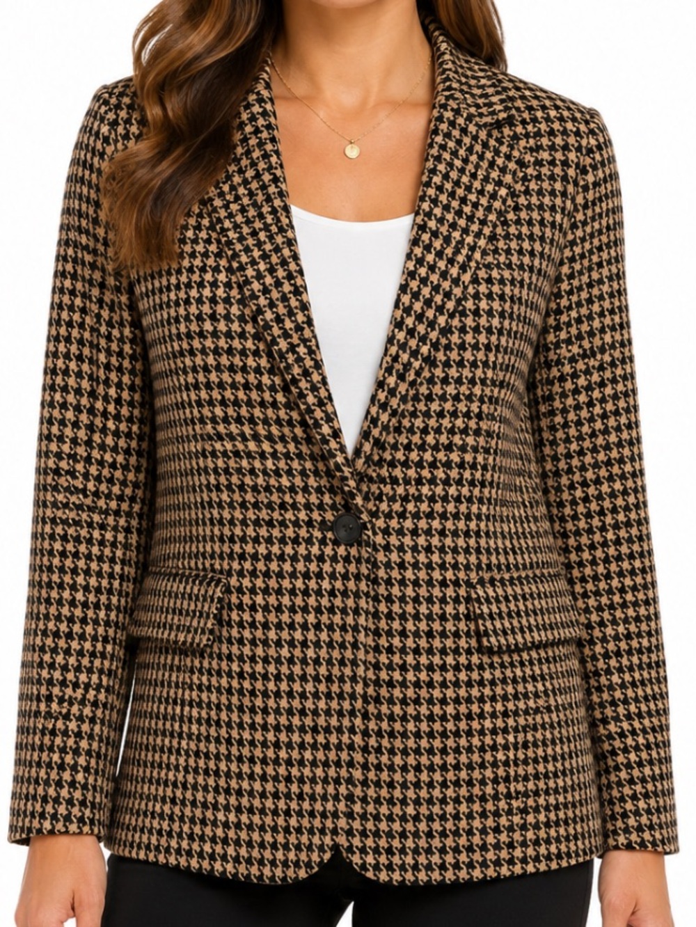 NINE WEST Black & Tan Vintage Houndstooth Wool Single Button Blazer XL NWOT - Picture 2 of 8